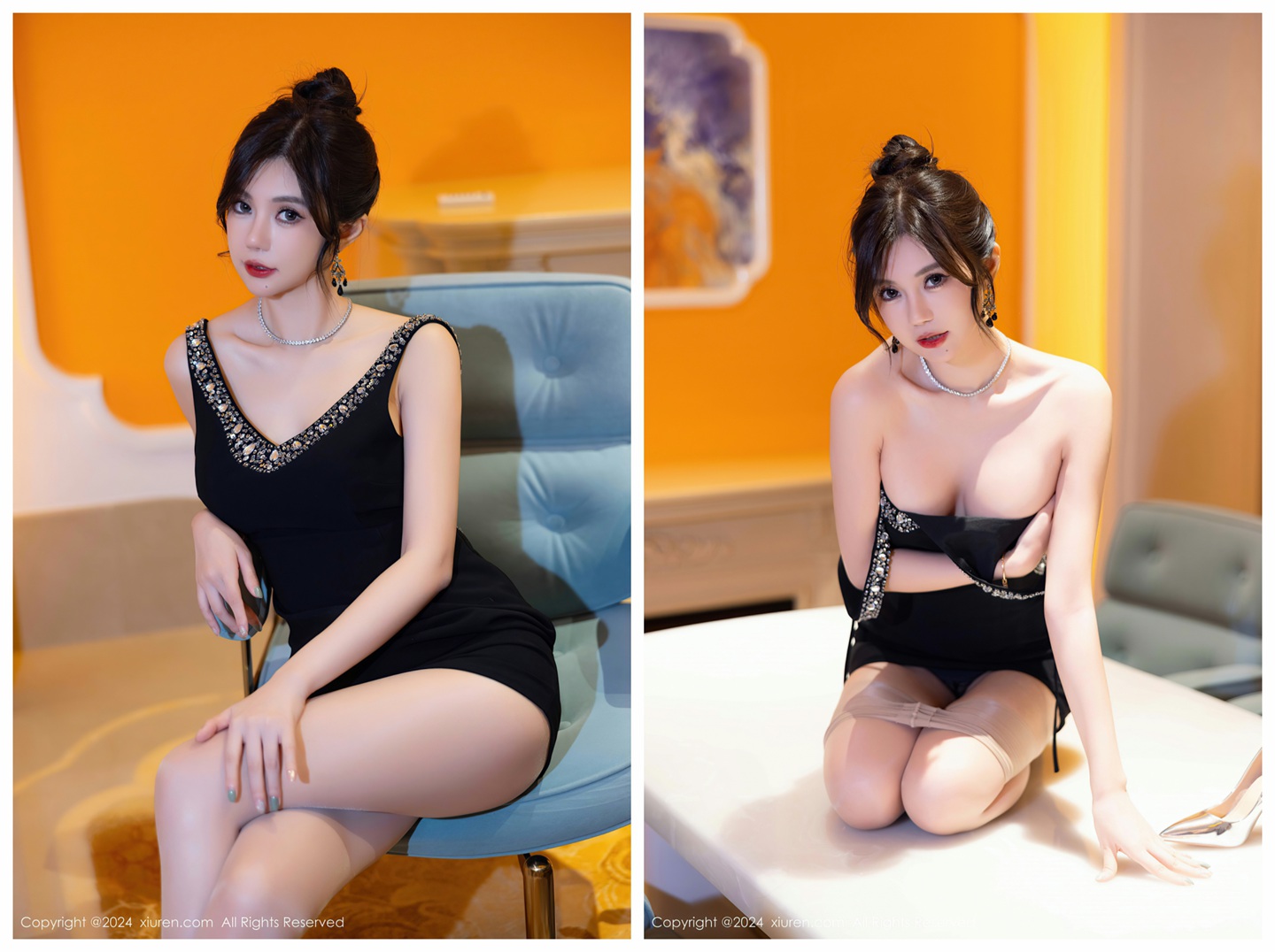 秀人网女神绮里嘉，性感黑色连衣短裙，娇柔曼妙的姿态明艳动人
